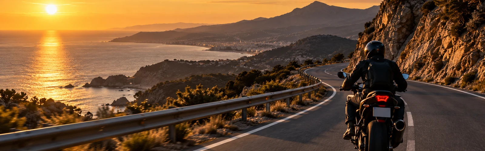 Carretera de costa al atardecer con una moto en ruta