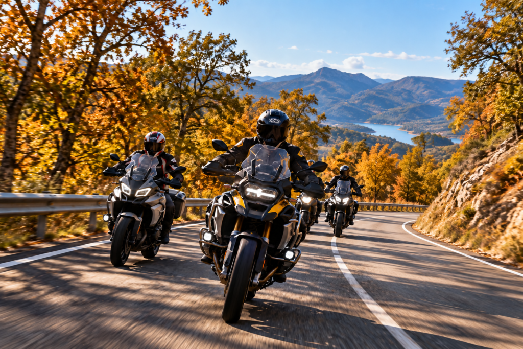 Motoristas recorriendo una carretera de montaña en otoño - eventos moteros Andalucía octubre 2026